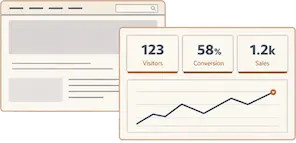 Illustration of a website and analytics dashboard showing rising visitors, conversions, and sales.